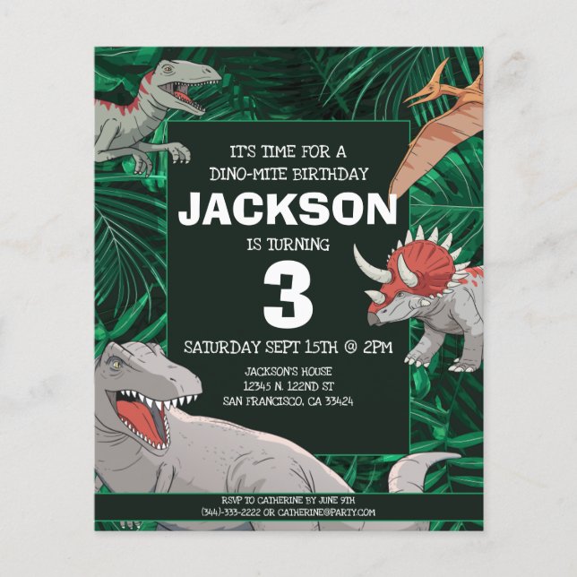 Budget Kinder Dino Trex Dinosaur Geburtstag Einlad Flyer (Vorne)