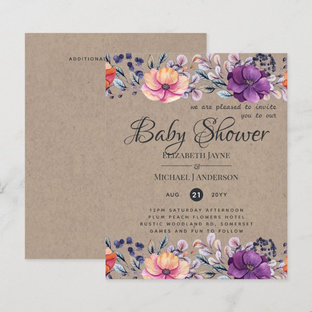 BUDGET Kinderdusche Lila Orange Floral Einladung (Vorne/Hinten)