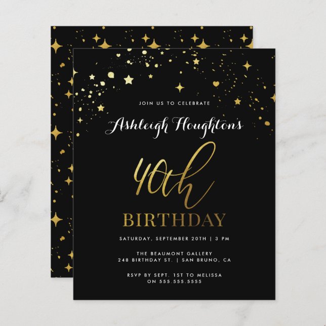 Budget Klasse Black & Gold Confetti 40. Geburtstag (Vorne/Hinten)