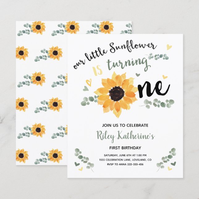 Budget Kleine Sonnenblume 1. Geburtstag Einladung (Vorne/Hinten)