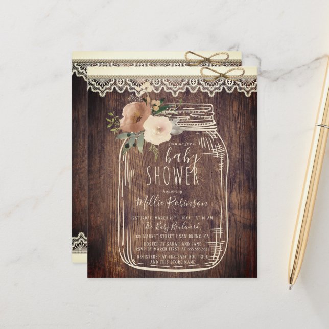 Budget Lace & Twine Floral Mason Jar Baby Dusche (Vorderseite/Rückseite Beispiel)