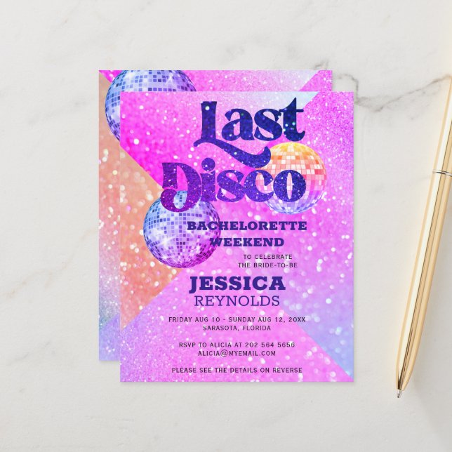 Budget Last Disco Bacheloretto Wochenende Einladun (Vorderseite/Rückseite Beispiel)