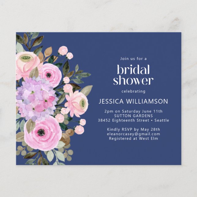 Budget Lavender Blue Floral Brautparty Einladung (Vorderseite)