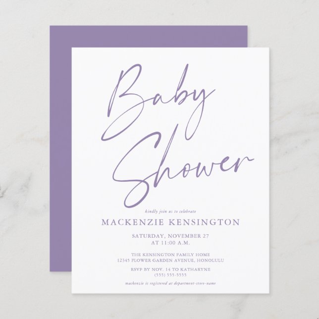 Budget Lavender Handgeschriebene Script Baby Dusch (Vorne/Hinten)