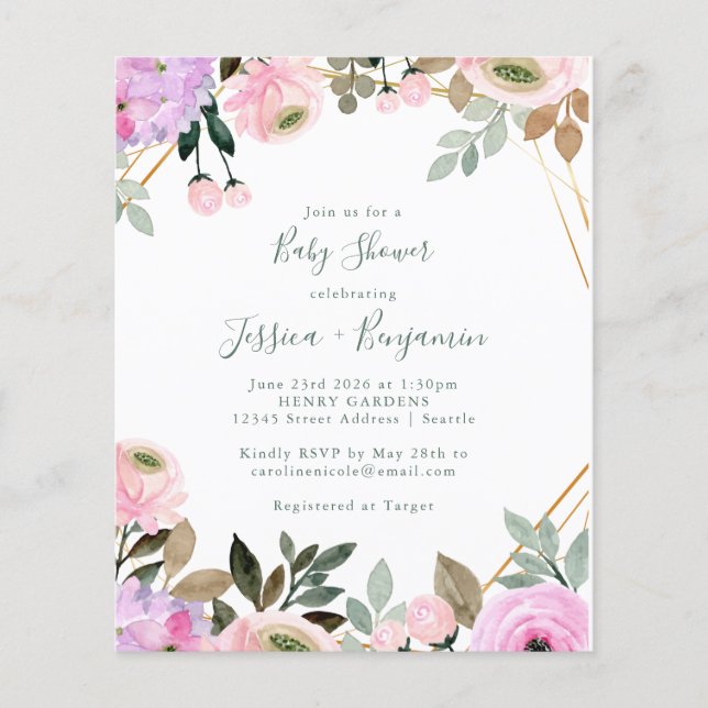 Budget Lavender Pink Floral Baby Dusche (Vorderseite)