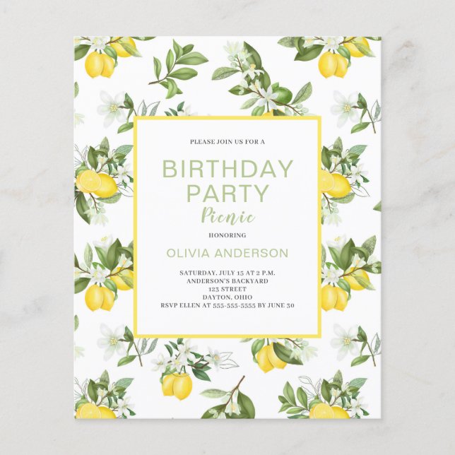Budget Lemon Citrus Birthday Picnic Einladung (Vorderseite)