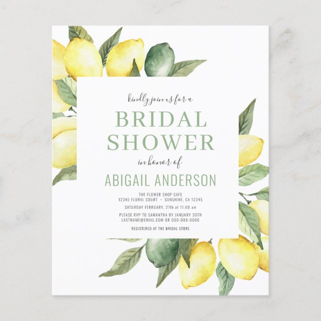Budget Lemon Floral Bridal Dusche Einladung Flyer (Vorne)