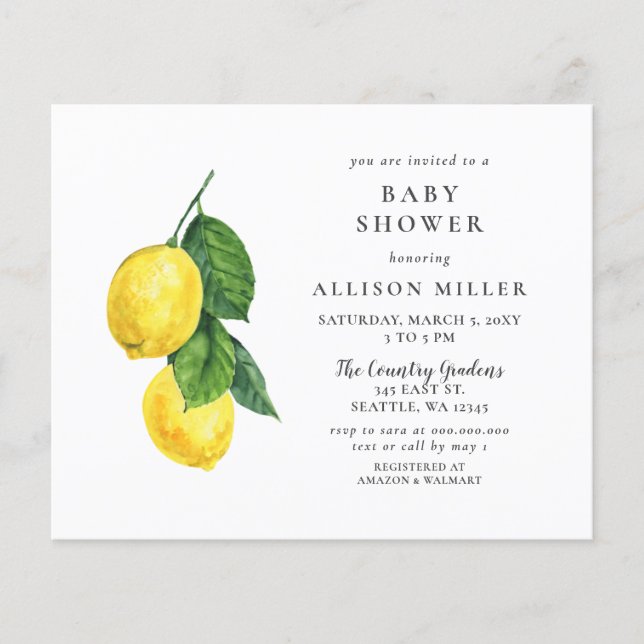 Budget Lemon Gender Neutral Baby Duwer Einladung (Vorderseite)