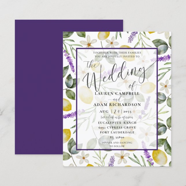 Budget Lemon & Lavender Foliage Wedding Einladung (Vorne/Hinten)