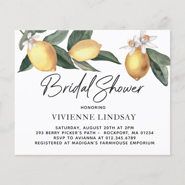 Budget Lemons Greenery Bridal Dusche Einladung (Vorderseite)