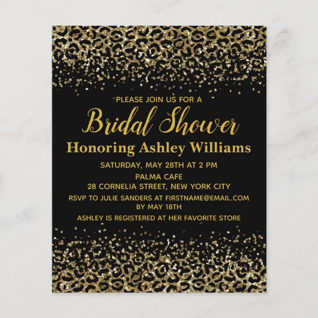 Budget Leopard Black Gold Bridal Dusche Einladung (Vorderseite)