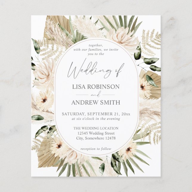 Budget LG Text Boho Pampas Grass Floral Wedding (Vorderseite)