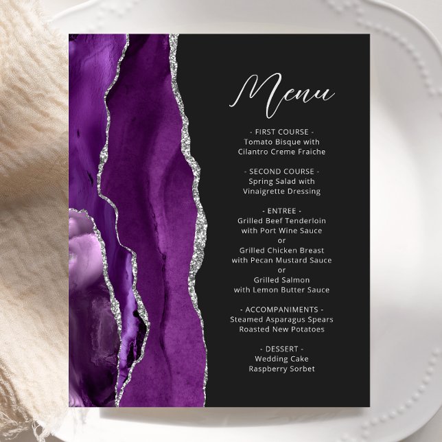 Budget Lila Agate Silver Script Wedding Menu (Von Creator hochgeladen)