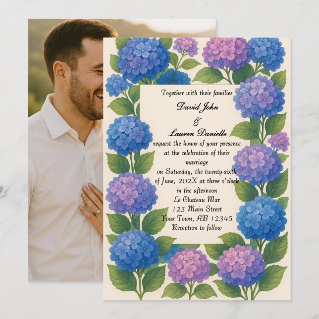 Budget Lila/Blue Hydrangea Foto Hochzeit Einladung (Vorne/Hinten)