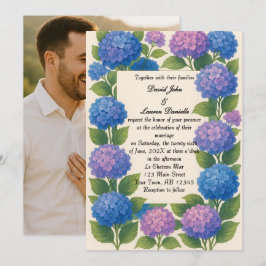 Budget Lila/Blue Hydrangea Foto Hochzeit Einladung