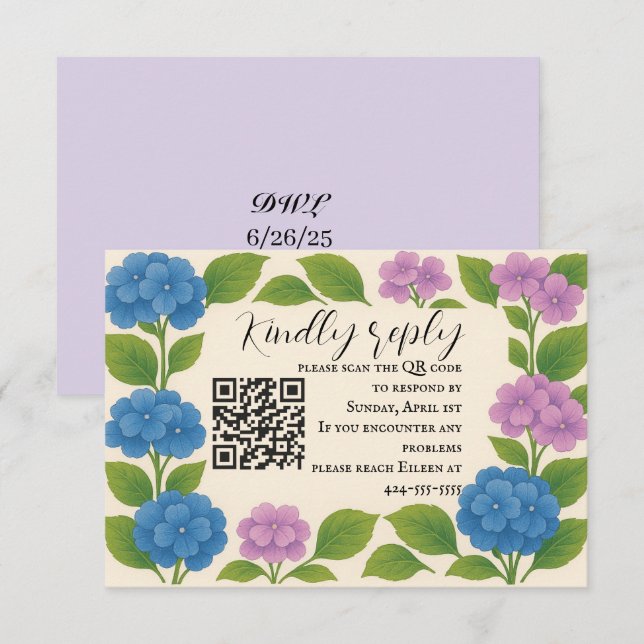 Budget Lila/Blue Hydrangea QR Code RSVP Card (Vorne/Hinten)