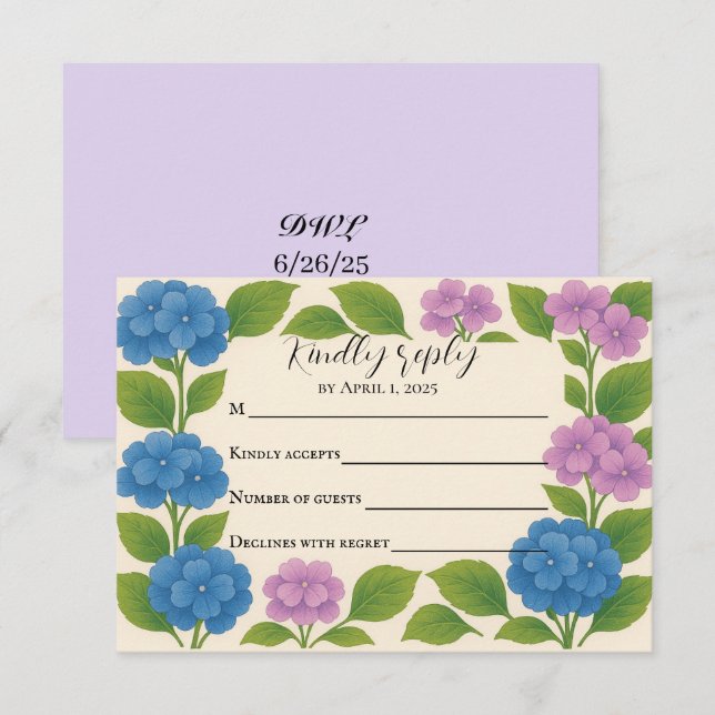 Budget Lila/Blue Hydrangea RSVP Card Karte (Vorne/Hinten)