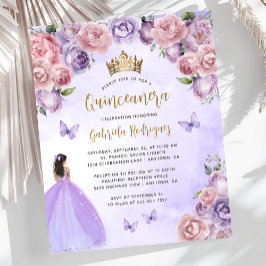 Budget Lila Blush Gold Floral Quinceñera Einladung