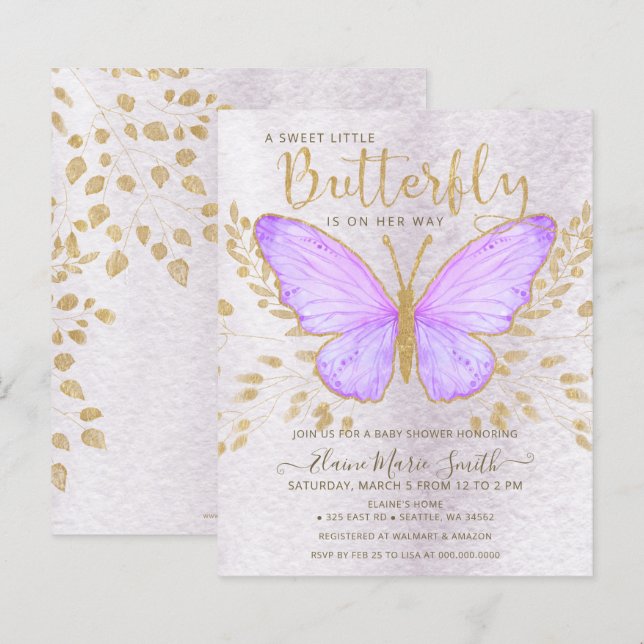 Budget Lila Butterfly Baby Dusche Einladung (Vorne/Hinten)