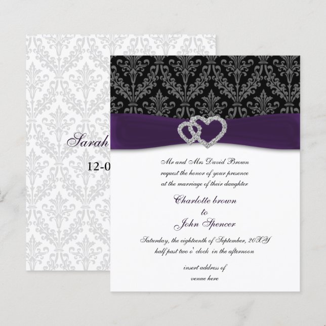 Budget Lila Damask Diamante Hochzeitseinladung (Vorne/Hinten)