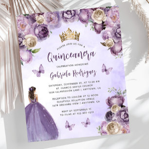 Budget Lila Elfenbein Blumen Quinceañera Einladung