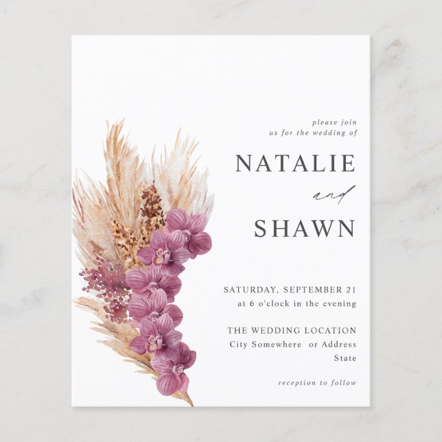 Budget Lila Floral Boho Hochzeit Flyer (Vorne)