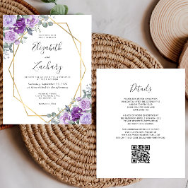 Budget Lila Floral Gold QR Code Hochzeit Einladung