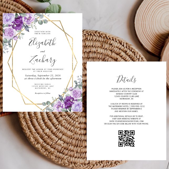 Budget Lila Floral Gold QR Code Hochzeit Einladung (Von Creator hochgeladen)