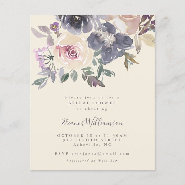 Budget Lila florales Brautparty Einladung (Vorderseite)