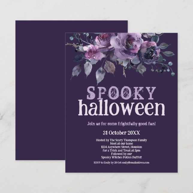 Budget Lila Florals Spooky Halloween Einladung (Vorne/Hinten)