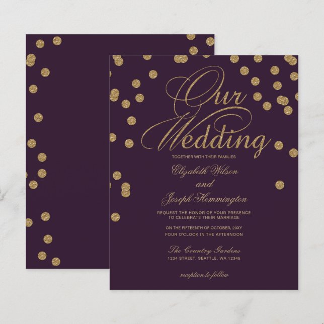 Budget Lila Glitzer Confetti Hochzeit Einladung (Vorne/Hinten)