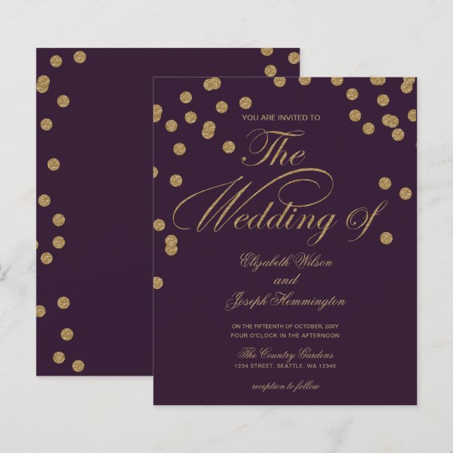 Budget Lila Glitzer Confetti Hochzeit Einladung (Vorne/Hinten)