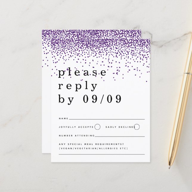 Budget Lila Glitzer Confetti Wedding RSVP (Vorderseite/Rückseite Beispiel)