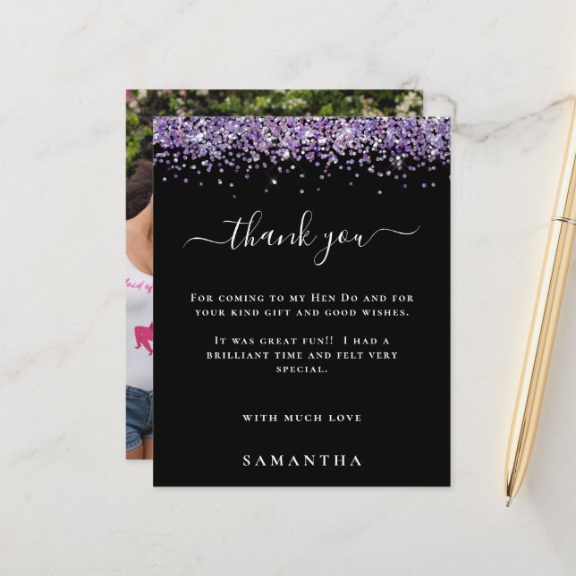 Budget Lila Glitzer Foto Hen Party Black Danke (Vorderseite/Rückseite Beispiel)
