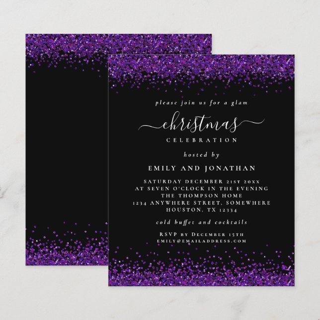 Budget Lila Glitzer Weihnachts-Party Black Invite (Vorne/Hinten)