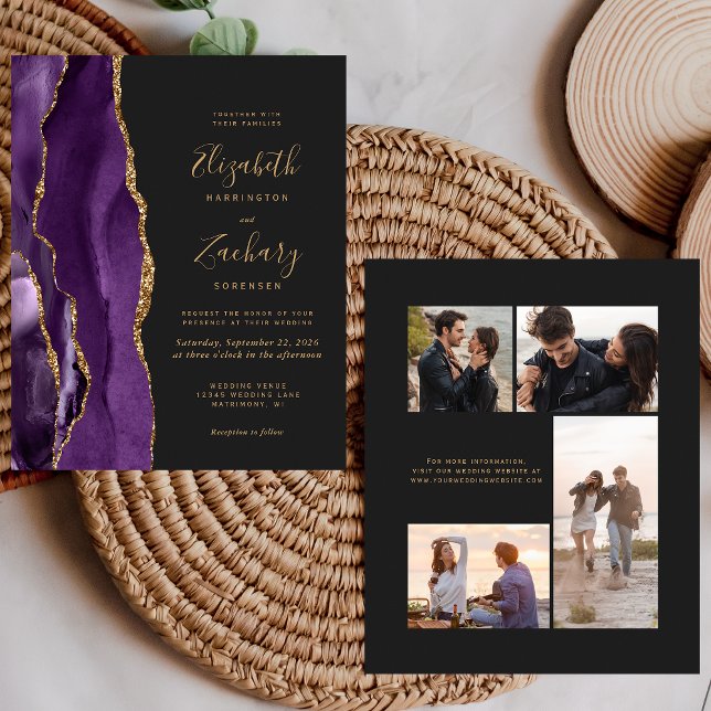 Budget Lila Gold Agate 4-Foto Hochzeit Einladung (Von Creator hochgeladen)