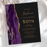 Budget Lila Gold Agate Dark 50. Geburtstag<br><div class="desc">Die links Kulisse dieses eleganten,  modernen 50. Geburtstagsfeiers besticht durch eine lila Aquarellgrenze,  die mit dem Glitzer der Goldmedaille besticht. Der anpassbare Text kombiniert goldfarbene Handschrift,  Copperplate und kursiv Schriftart auf schwarzem Schieferboden. Auf der Rückseite ist ein lila und goldenes Design zu sehen.</div>