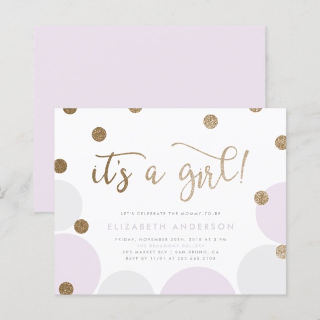 Budget Lila & Gold Confetti Girl Babydusche (Vorne/Hinten)