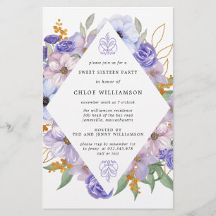 Budget Lila Gold Floral 16 . Geburtstag Einladung