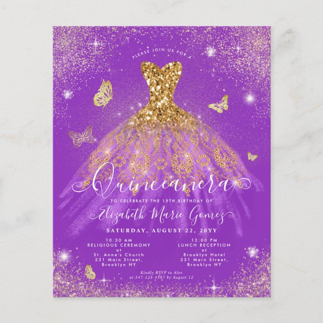 Budget Lila Gold Glitzer Gown Quinceanera Einladun (Vorderseite)