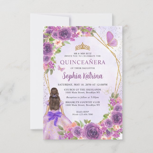 Budget Lila Goldflorenprinzessin Quinceañera Mitteilungskarte (Vorderseite)