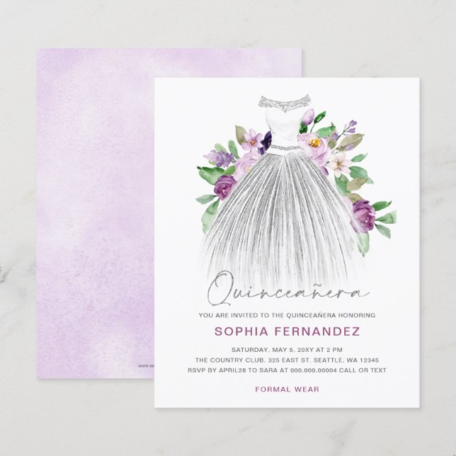 Budget Lila Goldkleid Quinceañera Einladung (Vorne/Hinten)