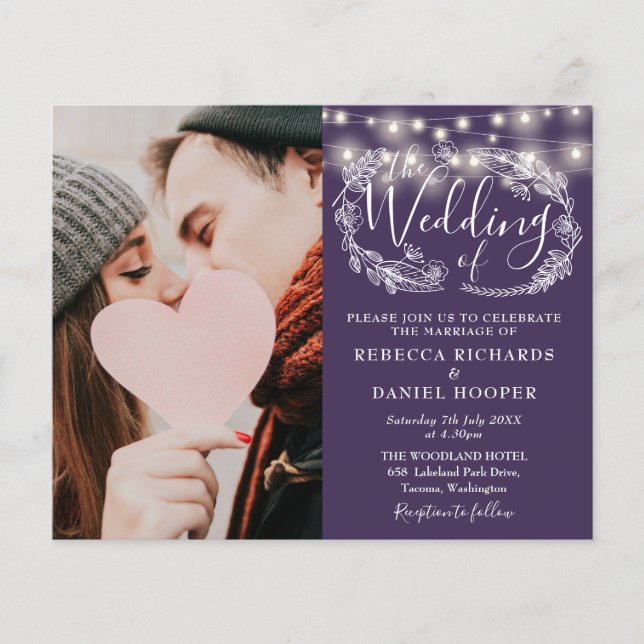 Budget Lila Hochzeitdetails Foto Einladung (Vorderseite)