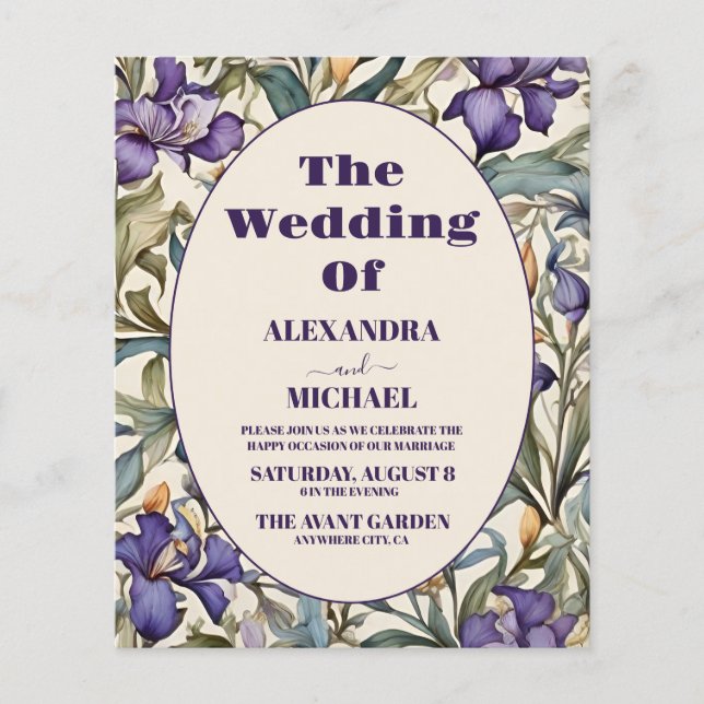 Budget Lila Iris Art Nouveau Wedding Einladung (Vorderseite)
