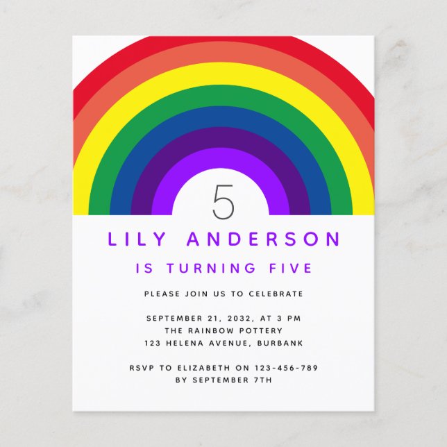Budget Lila Rainbow Birthday Party Einladung Fl Flyer (Vorne)