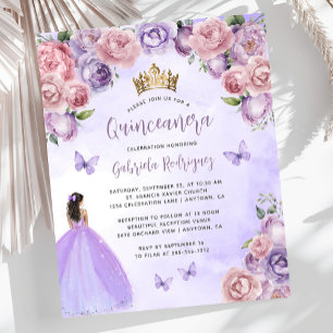 Budget Lila-Rosa Blumen-Quinceañera-Einladung