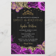 Budget Lila Rose Schwarzes Gold Sweet 16 Einladung