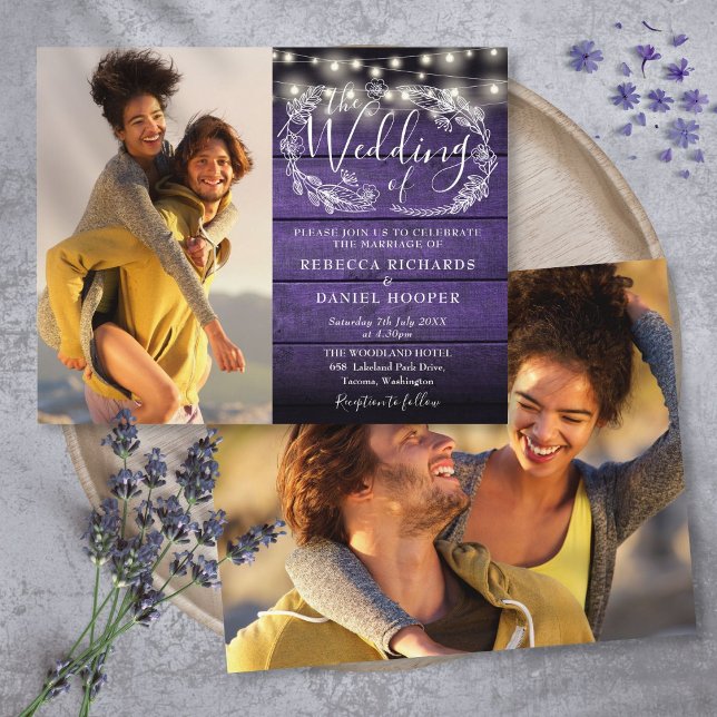 Budget Lila Saitenbeleuchtung 2 Foto Hochzeit Einl (Budget Purple String Lights 2 Photo Wedding Invite)
