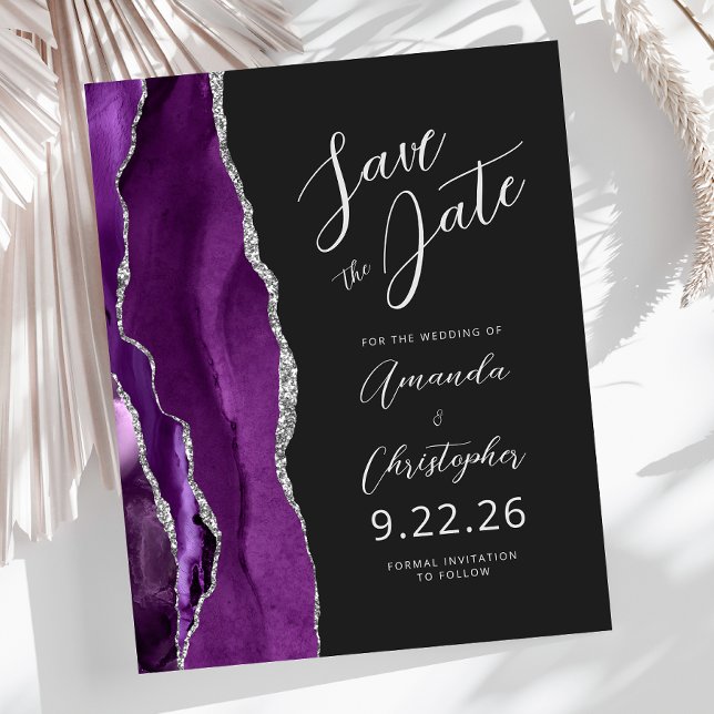 Budget Lila Silver Agate Script Save the Date (Von Creator hochgeladen)