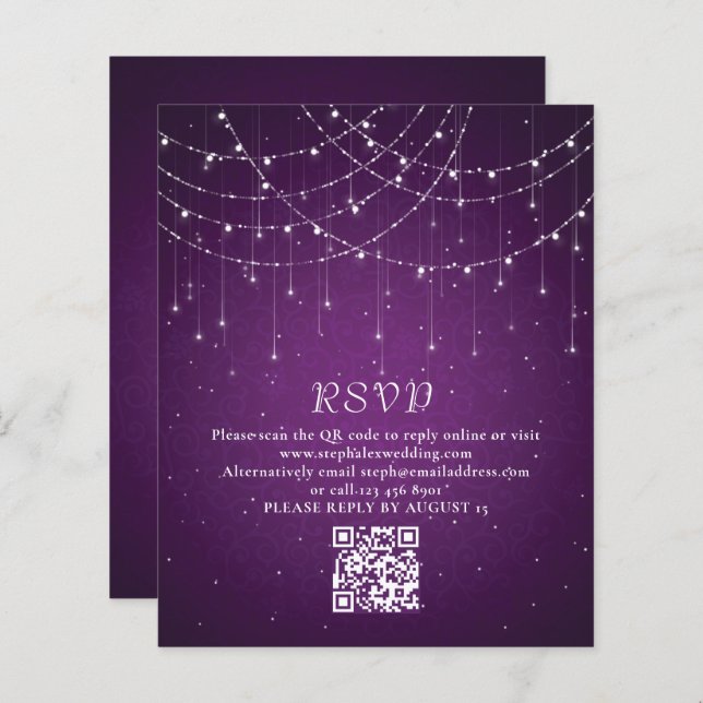 Budget Lila String Lights QR Code Wedding RSVP (Vorne/Hinten)